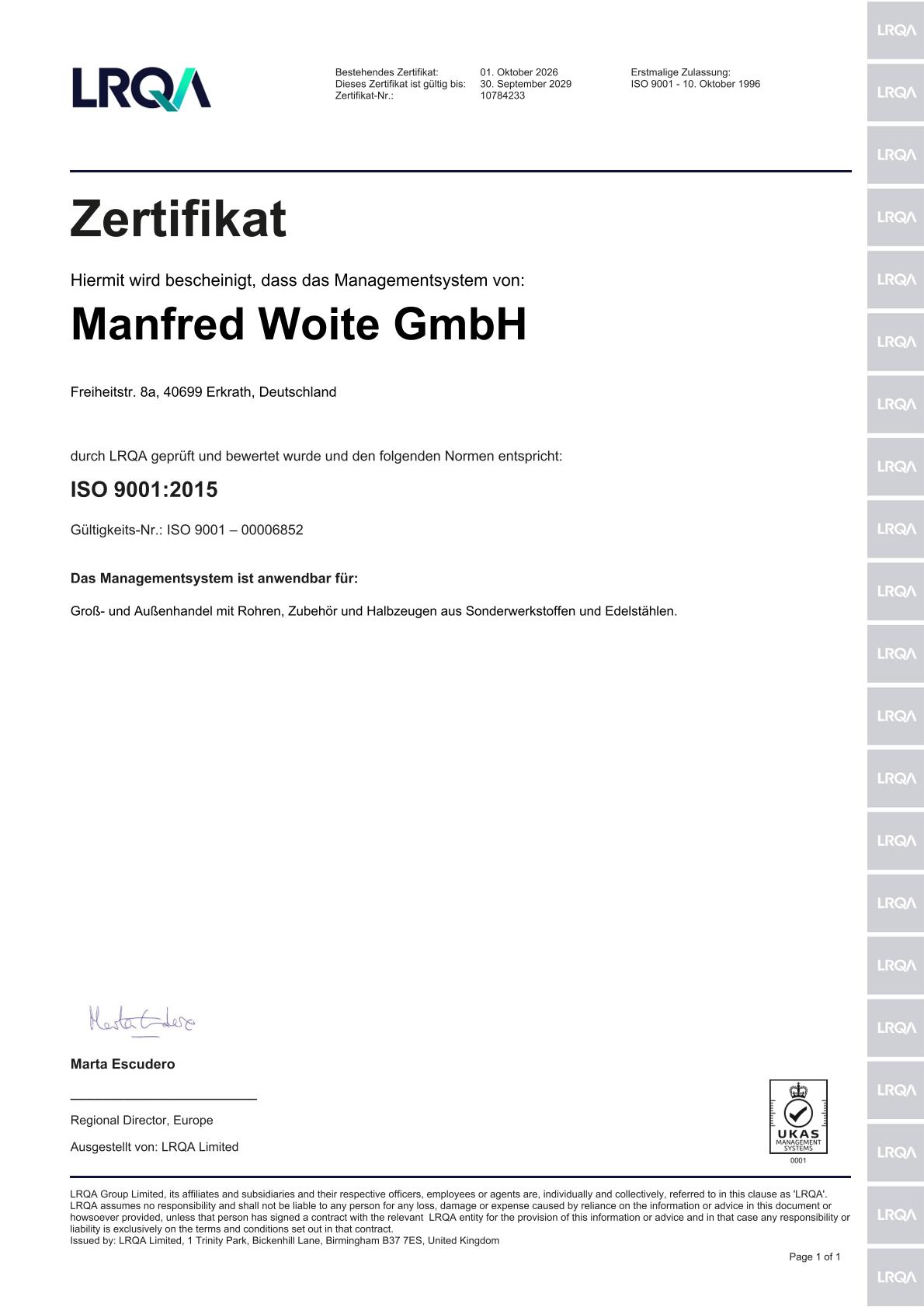 LRQA Zertifikat - ISO 9001:2015 - Manfred Woite GmbH